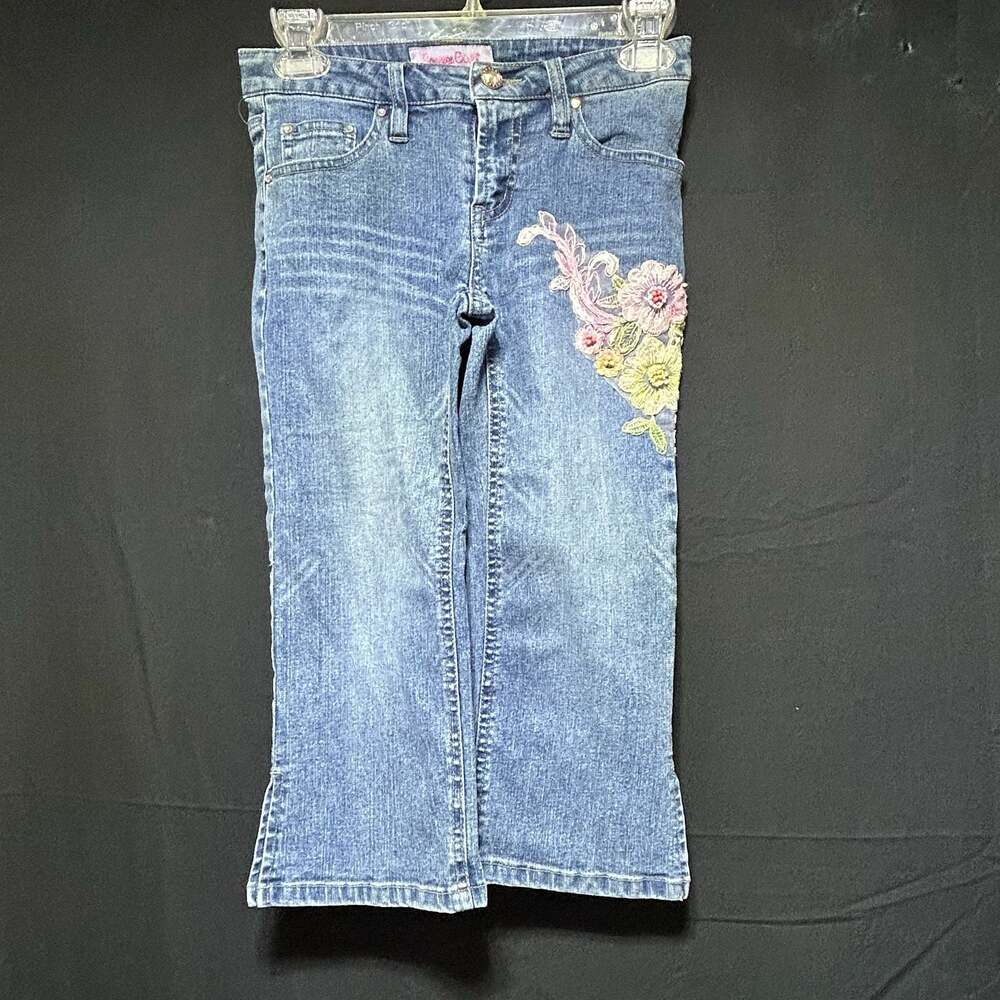 Squeeze Girls Y2K Floral Embroidered Rhinestone Flare Jeans Size 8